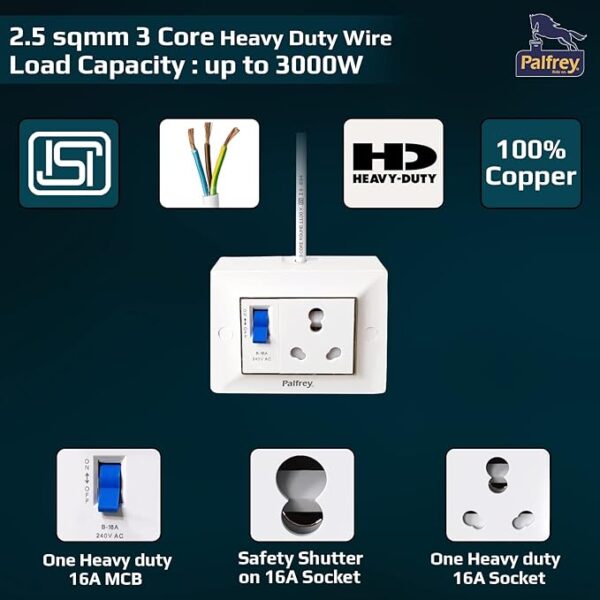 Single 16A Socket with Safety Shutter & 16A MCB Switch | 16A 3 Pin Plug with Indicator | 2.5 sqmm 3 core Cable Heavy Wire - Image 2