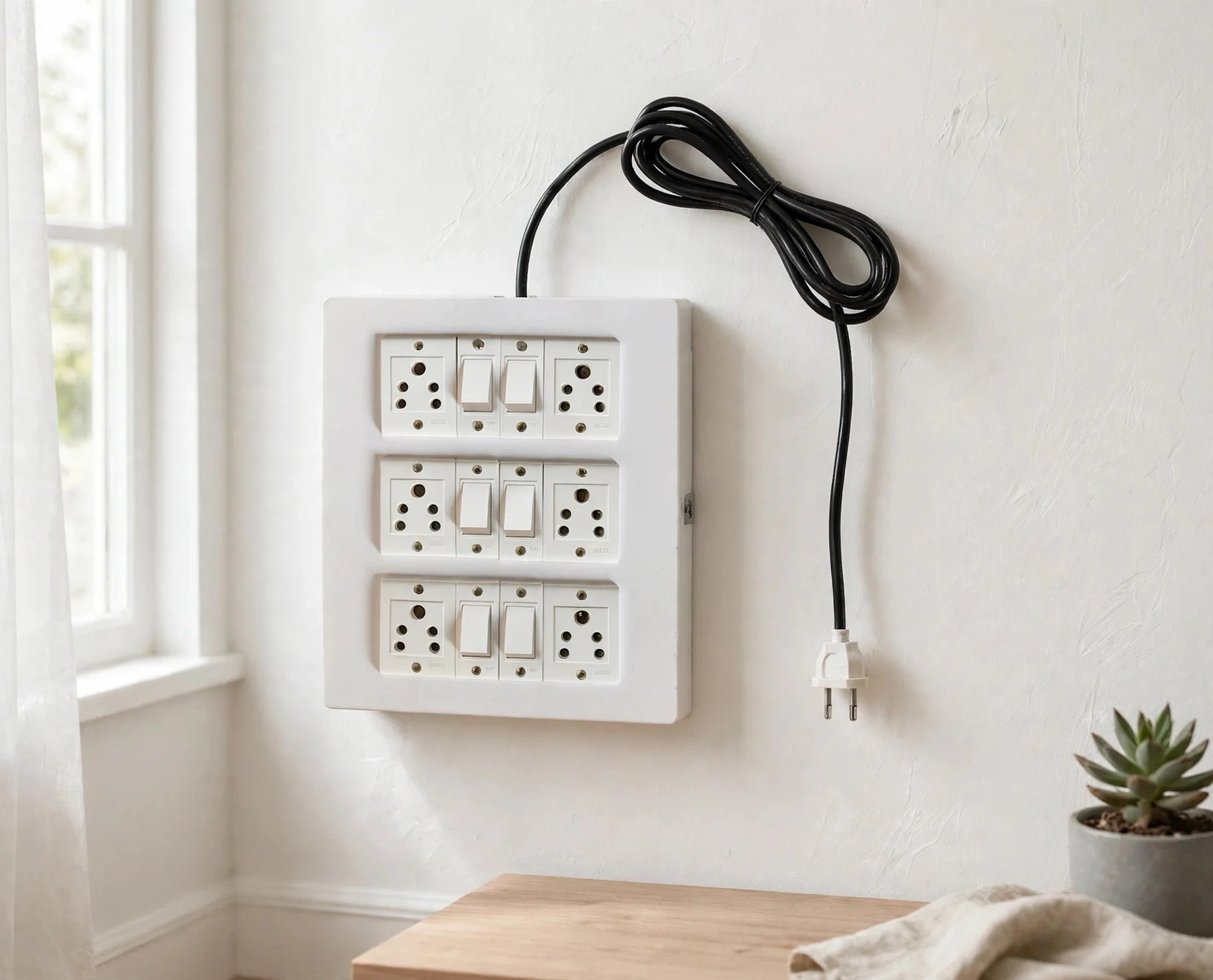 6-Socket Wooden Extension Board with Switches & Surge Protection
