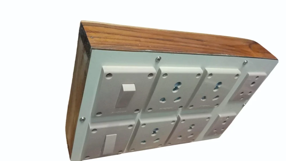 Durable wooden extension board with 2 switches and 6 sockets, designed for convenient and reliable power connection at home, office, shop, or workshop.